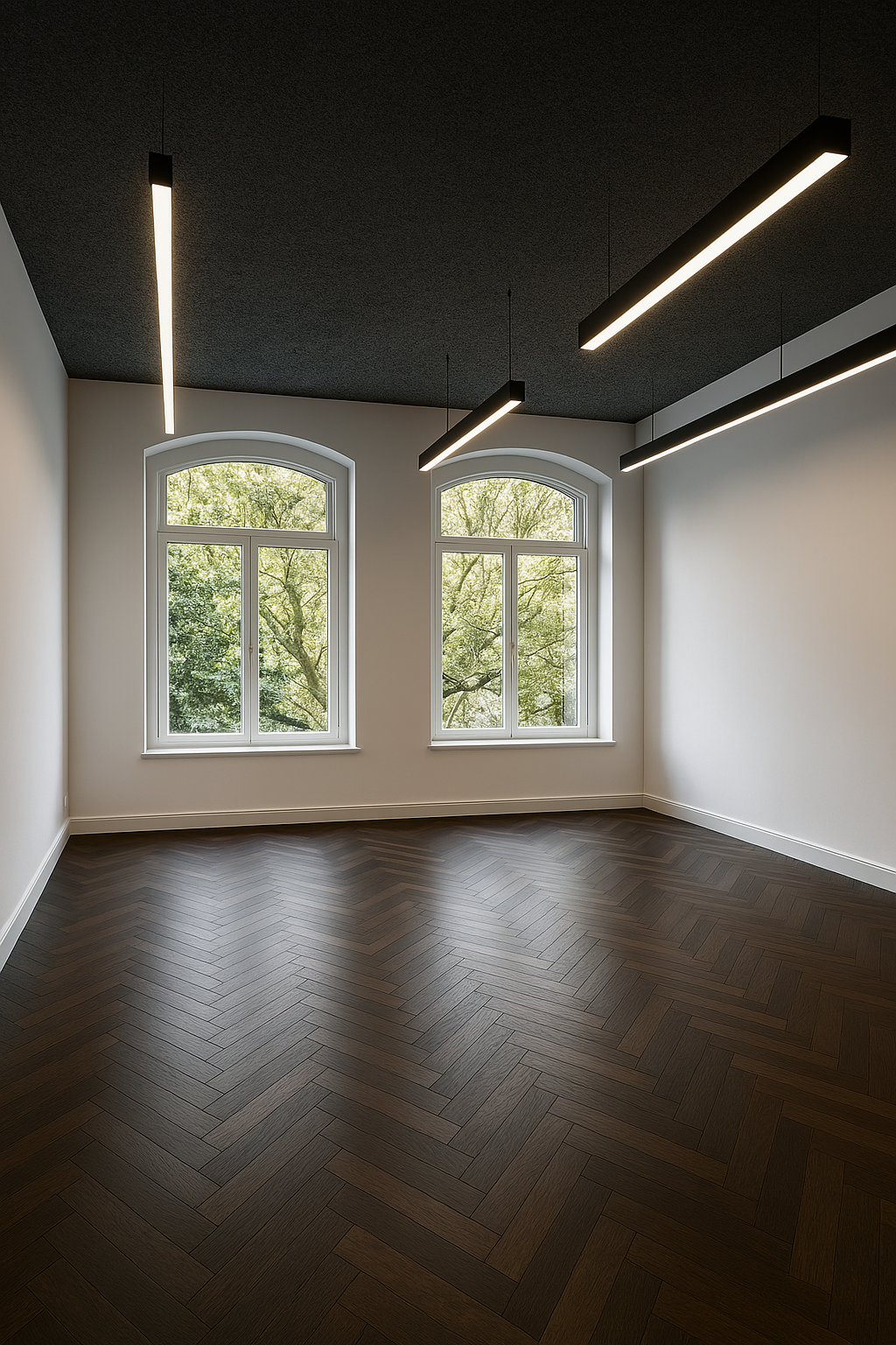 Empty room on Nieuwe Looiersstraat with dark herringbone wood flooring, arched windows, and modern ceiling lights.